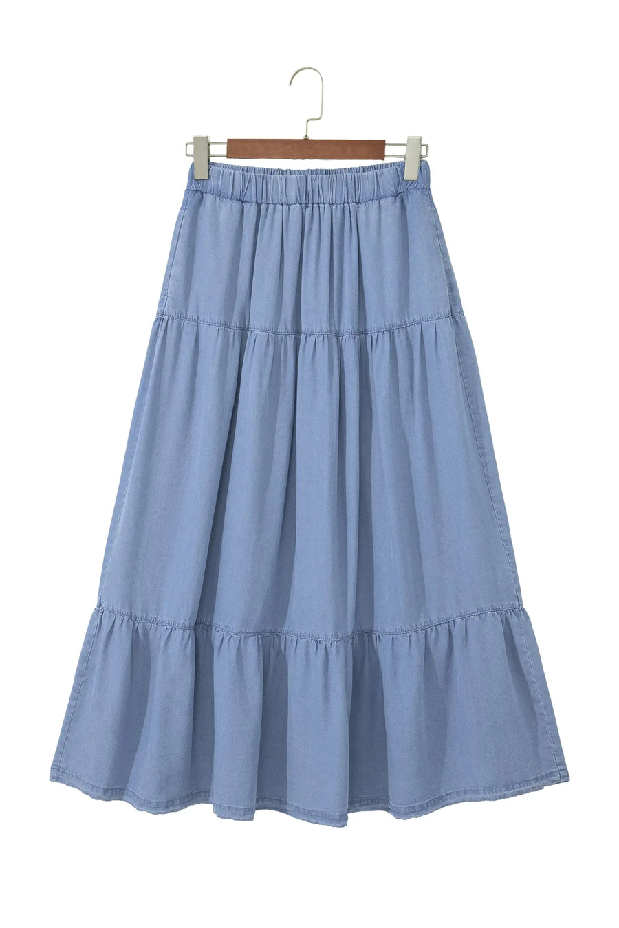 Elastic waist ruffled tiered maxi skirt lyocell side pockets beau blue skirts