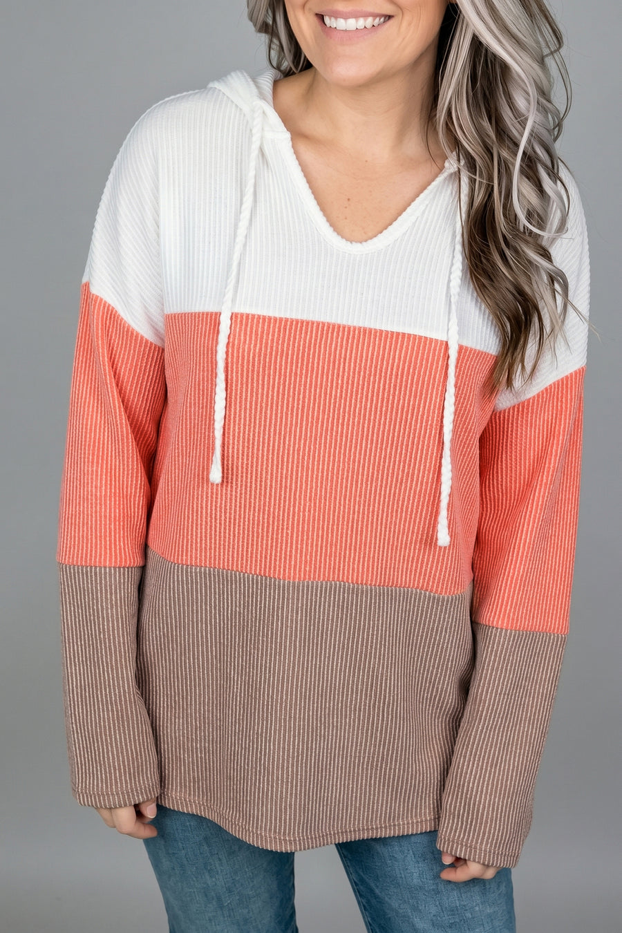 Flame Ribbed Colorblock Hooded Pullover Top