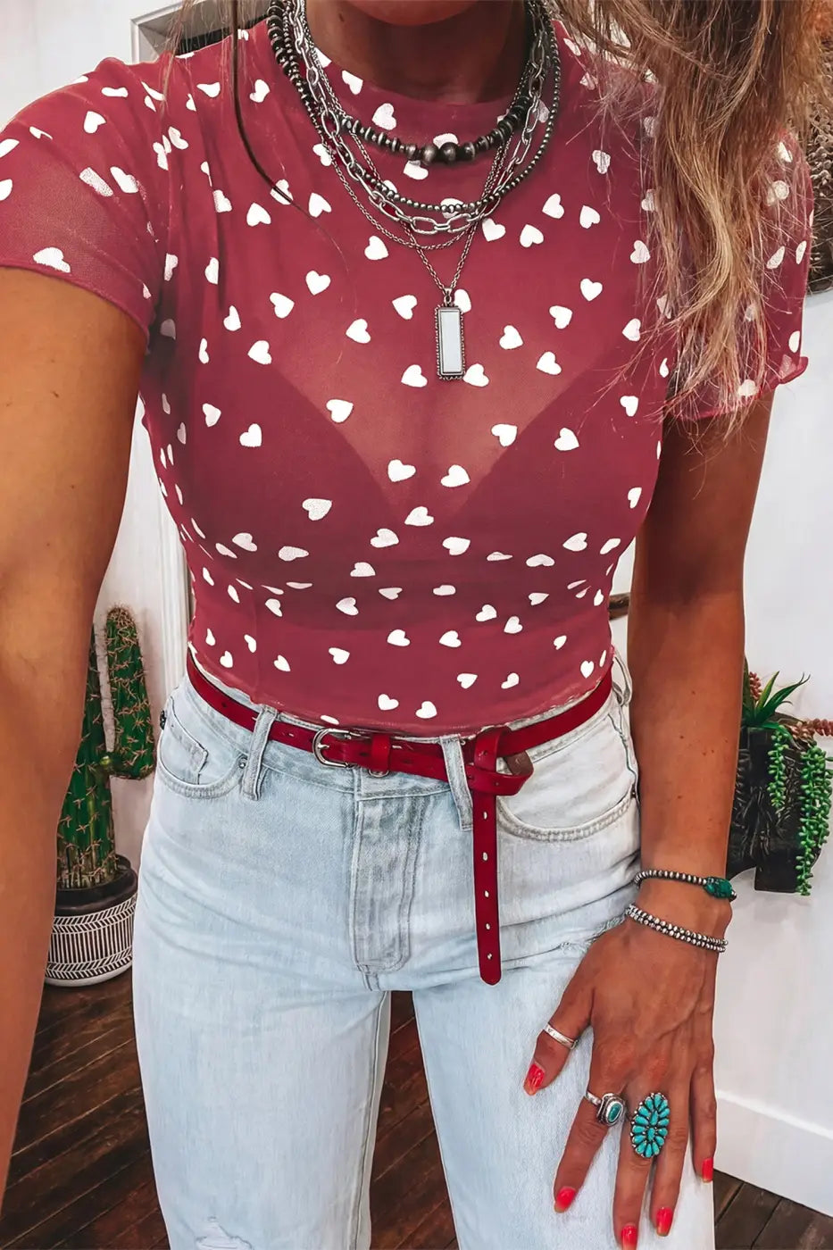 Women’s heart print mesh crop top | fashionfitz