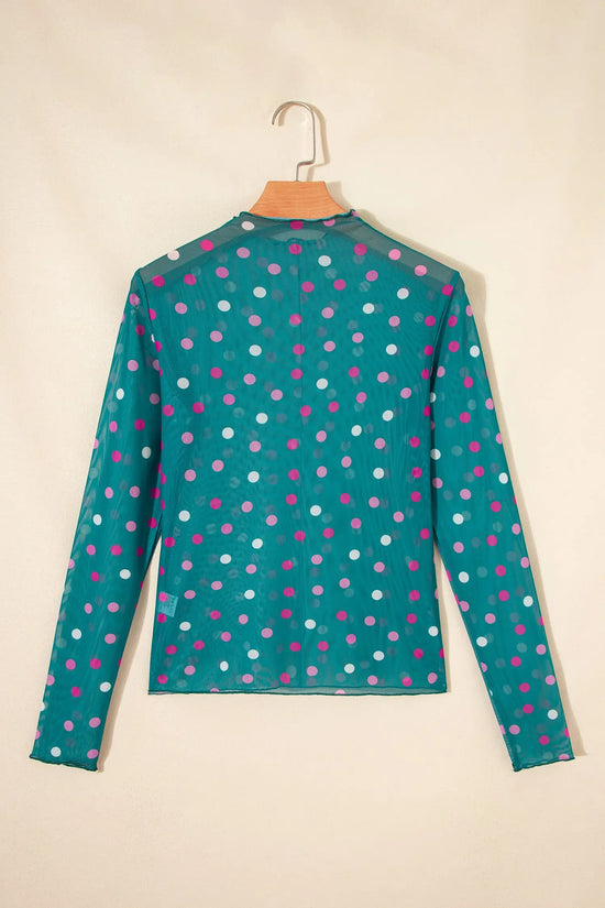 Polka dot mesh bodycon top mock neck long sleeve sheath fit