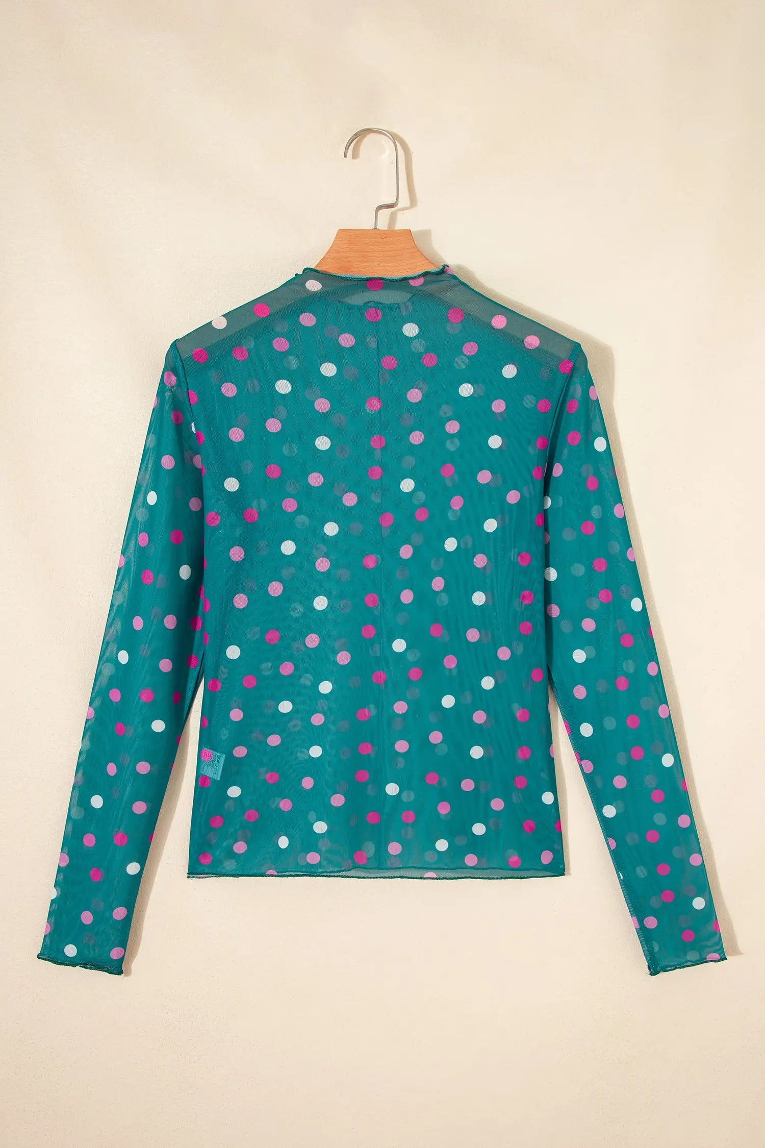 Polka dot mesh bodycon top mock neck long sleeve sheath fit