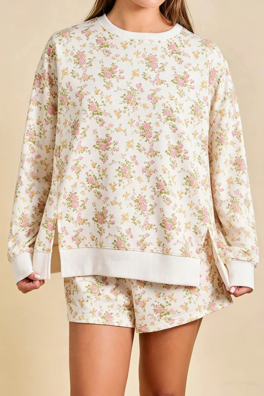 Beige floral print long sleeve shift top pocketed shorts set detail women UK