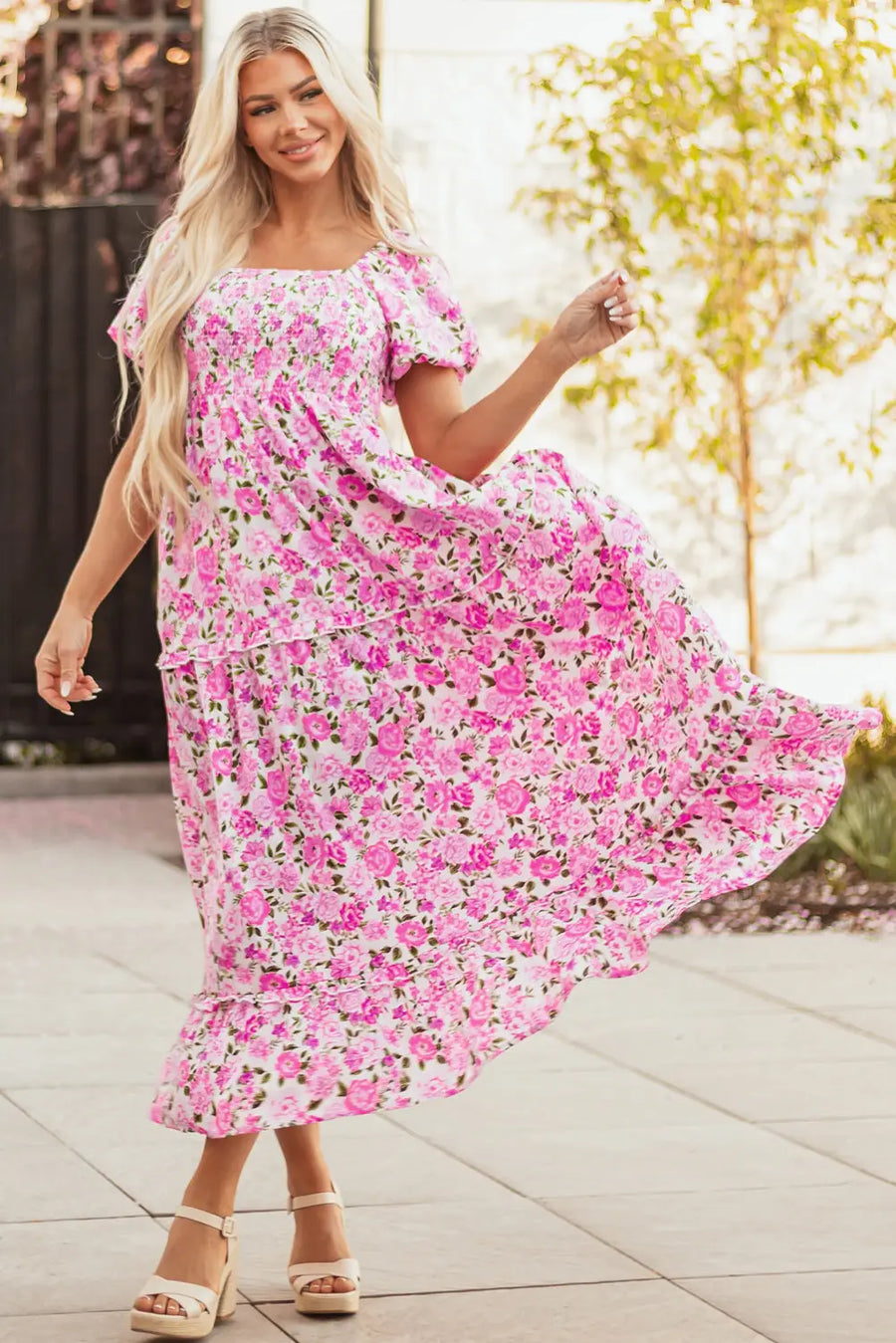 Pink Dainty Floral Smocked Puff Sleeve Flowy Maxi Dress Women UK — model shot