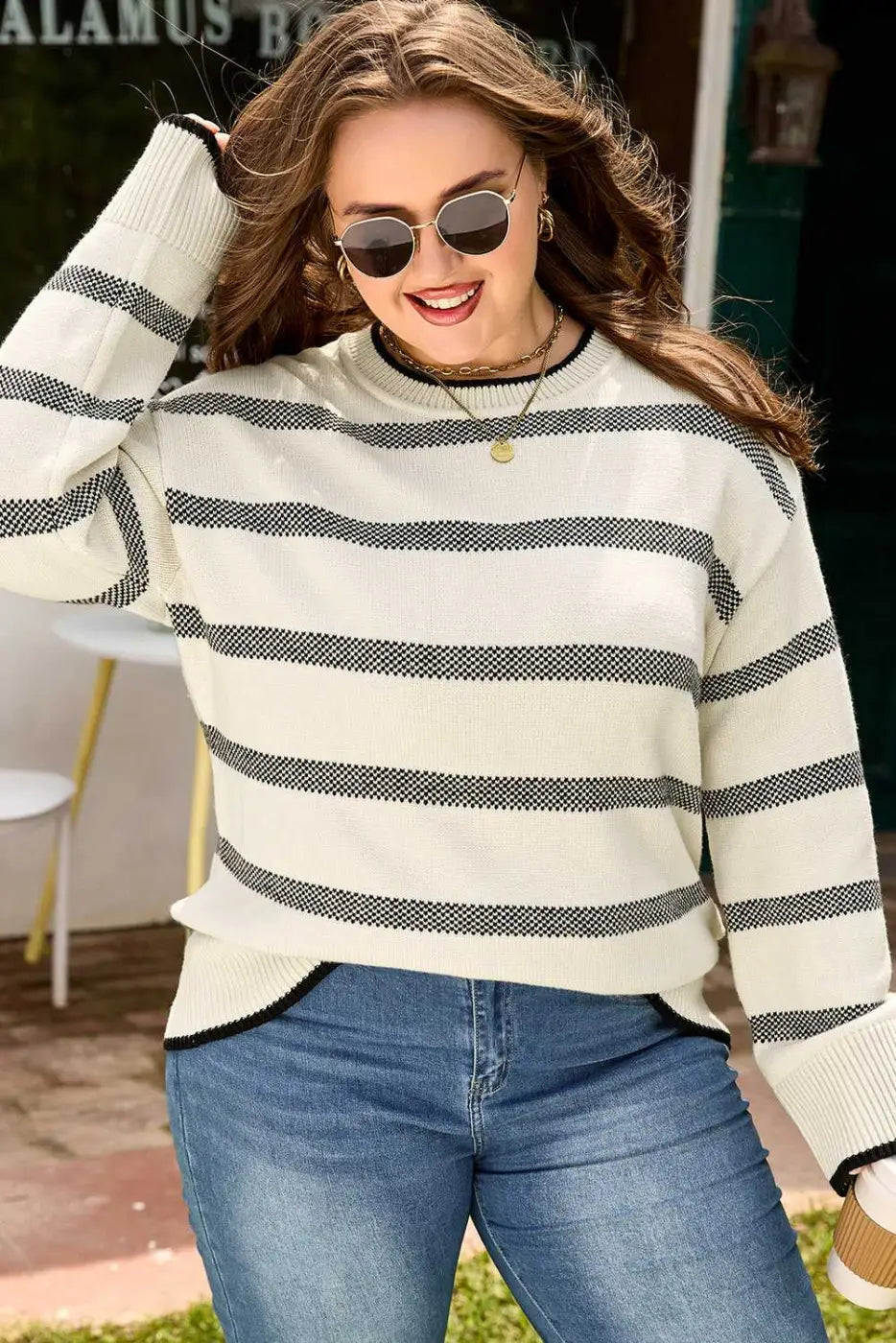 Women’s apricot striped bell sleeve jumper | fashionfitz uk
