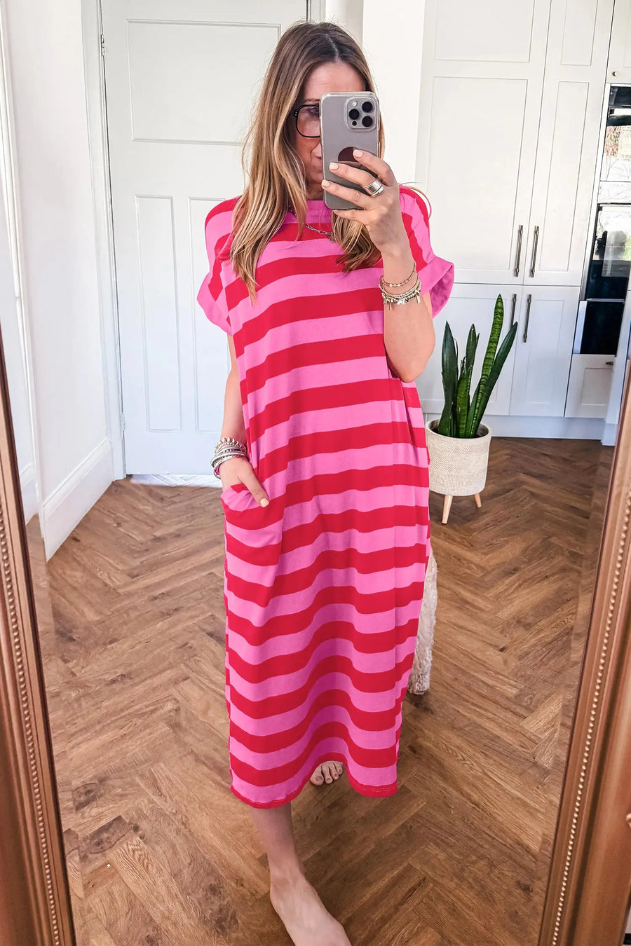 Stripe cuffed short sleeve pocketed maxi dress back view — Fashionfitz UK