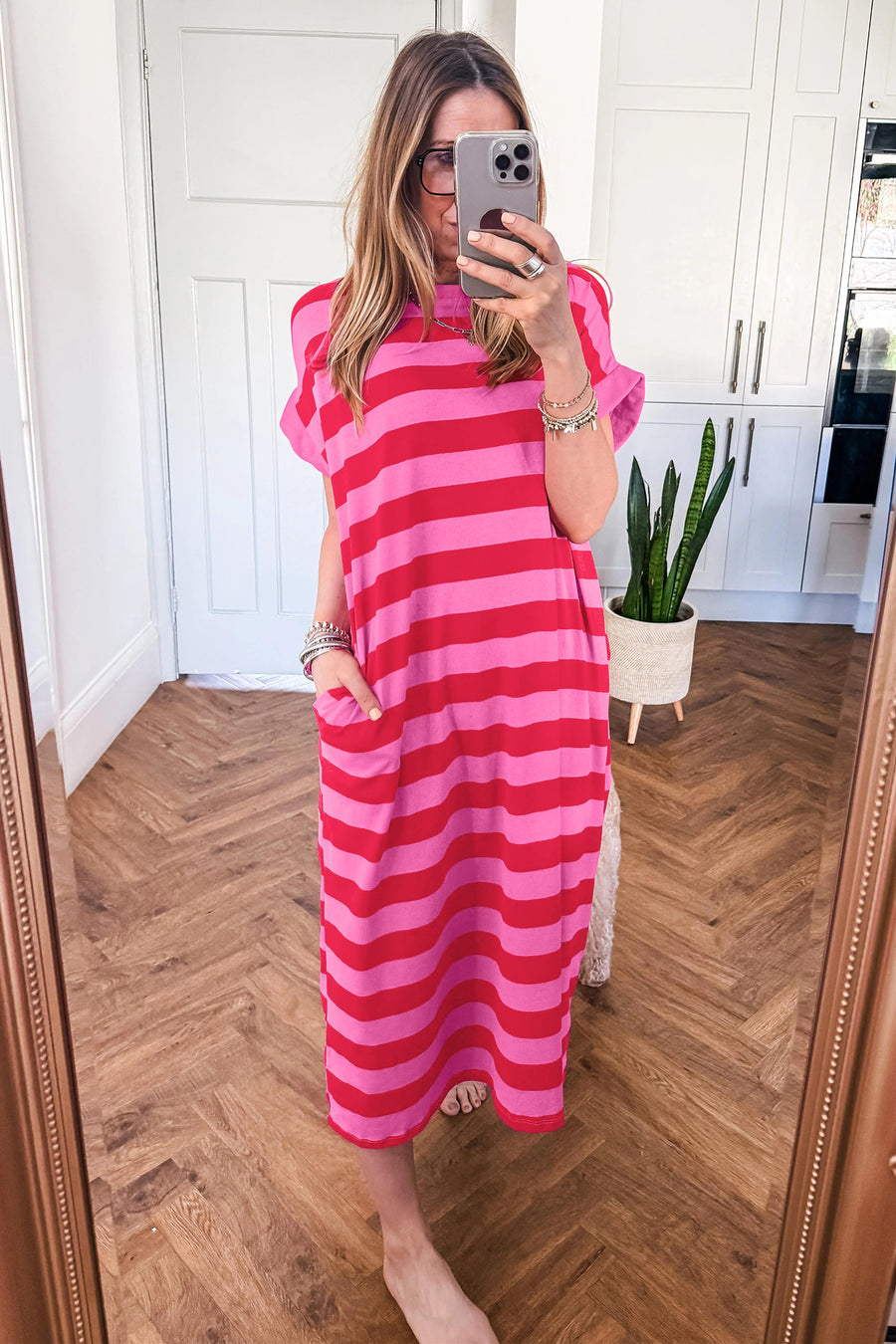 Stripe Cuffed Short Sleeve Pocketed Maxi Dress