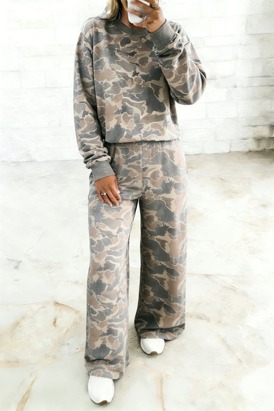 Camo Print Long Sleeve Top Wide Leg Pants Set Women UK