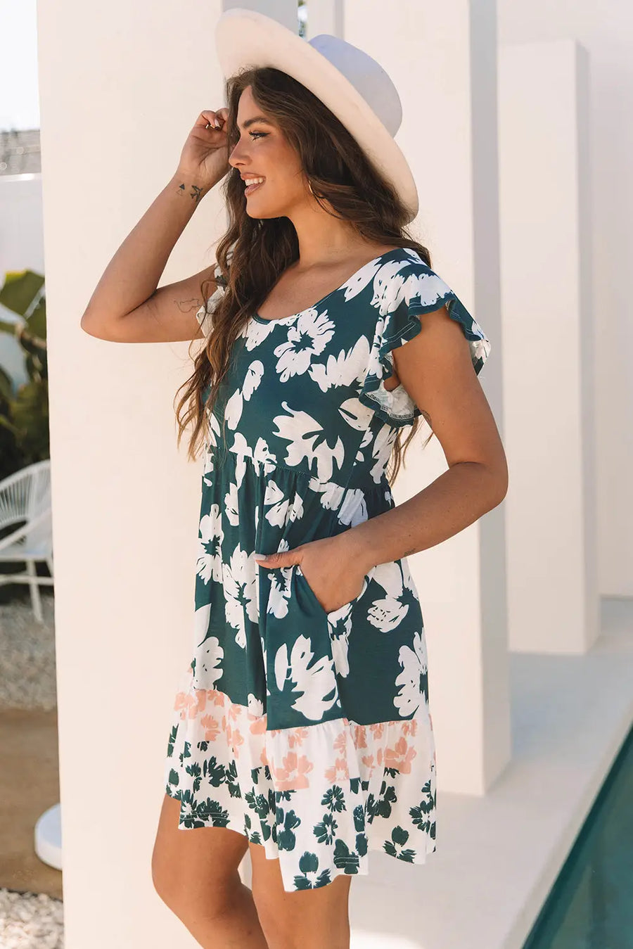 Green Floral Ruffle Sleeve Empire Waist Mini Dress Women UK — side detail