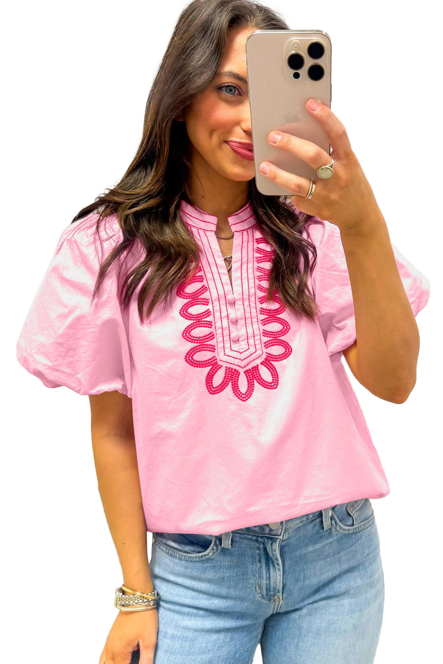 Boho Embroidered Puff Sleeve Cotton Blouse Women UK