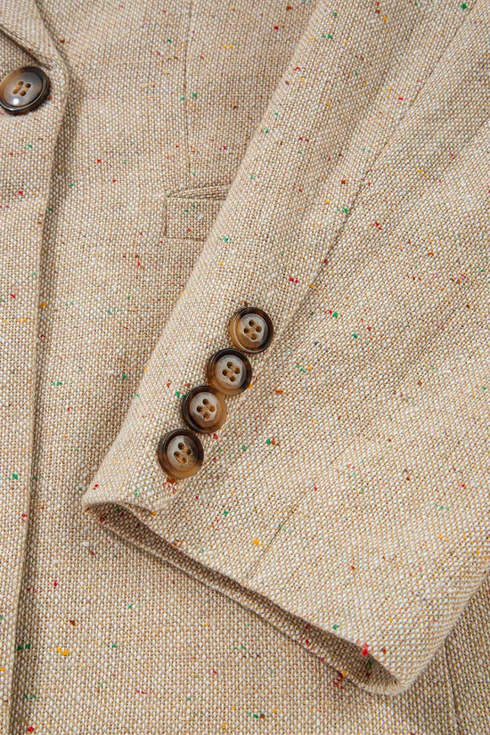 Sleeve detail of Ladies Light Beige Fitted Blazer - Casual Smart Office | FashionFitz with four-button cuff and multicolor speckled fabric.