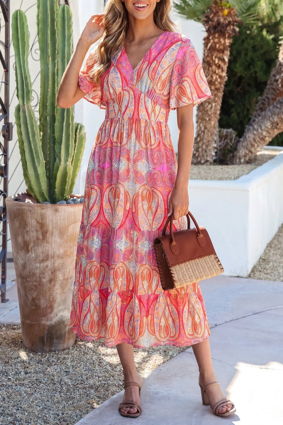 Multicolour Paisley V Neck Short Sleeve Boho Maxi Dress Women UK
