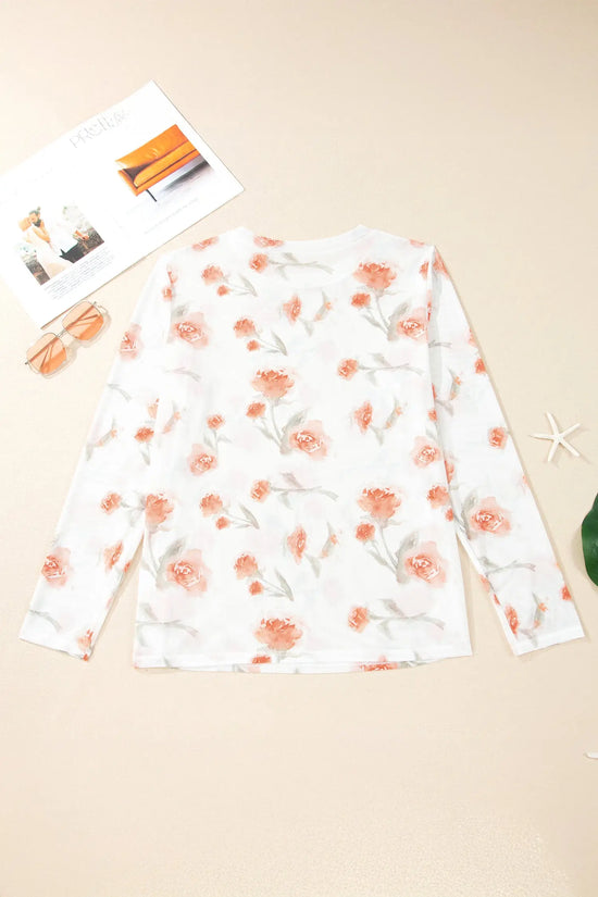Plus size floral print sheer mesh long sleeve top round neck red blouses