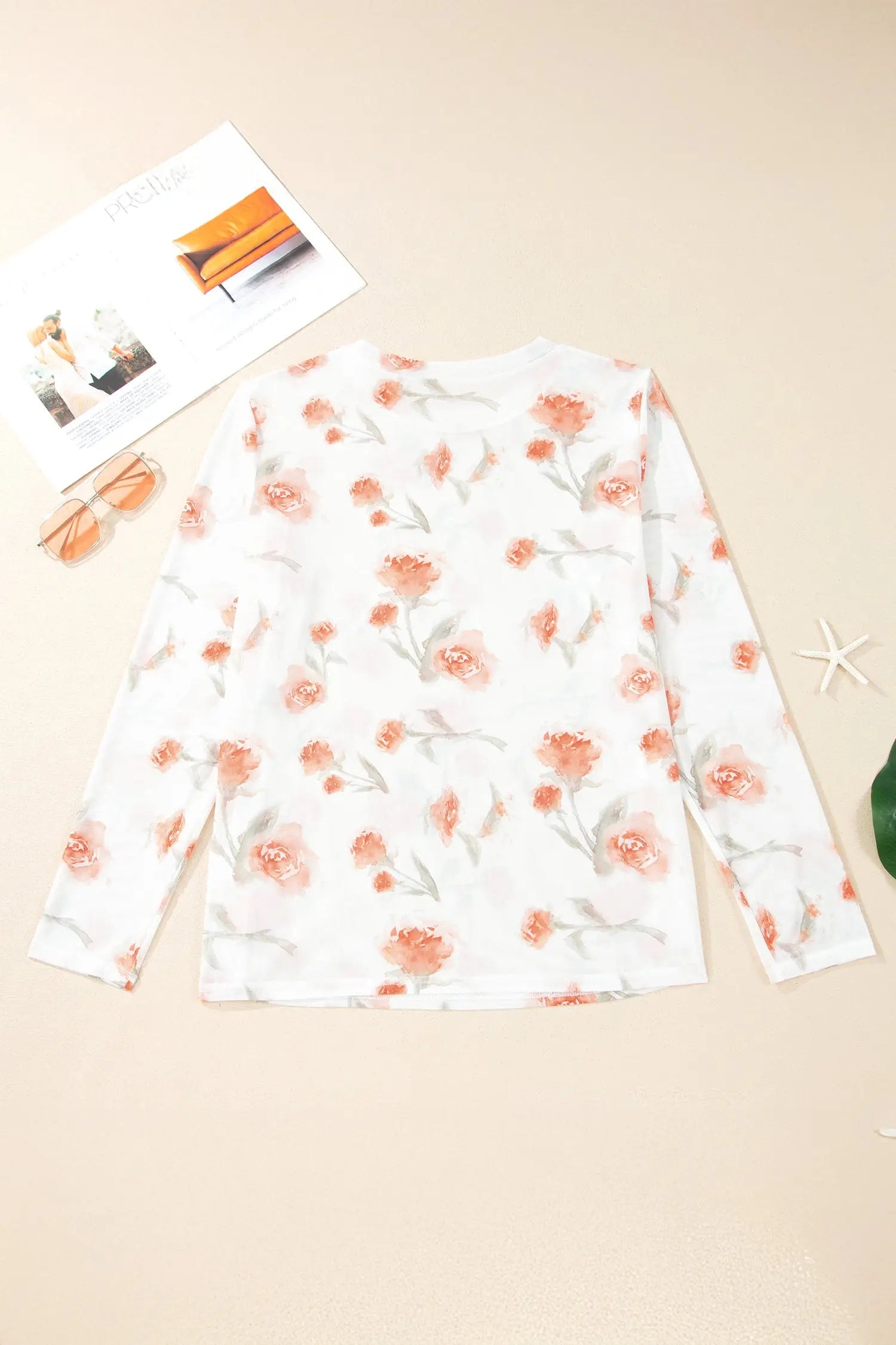 Plus size floral print sheer mesh long sleeve top round neck red blouses