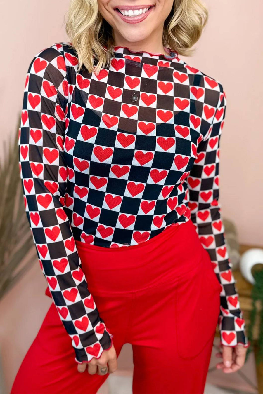 Plaid Heart Mesh Sheer Long Sleeve High Neck Blouse