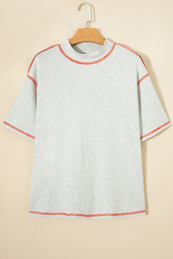 Reversible Contrast Stitch Drop Shoulder High Neck Short Sleeve Tee