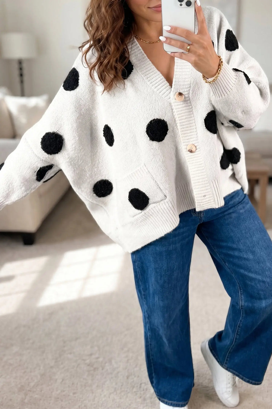 Polka Dot Button Front Oversized V-Neck Cardigan