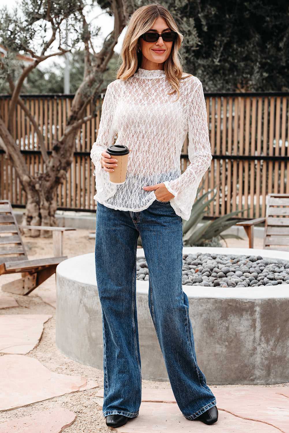 White Sheer Lace Bell Sleeve Blouse