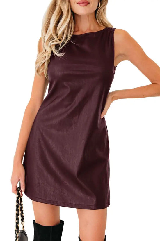 Brown faux leather sleeveless mini dress | fashionfitz