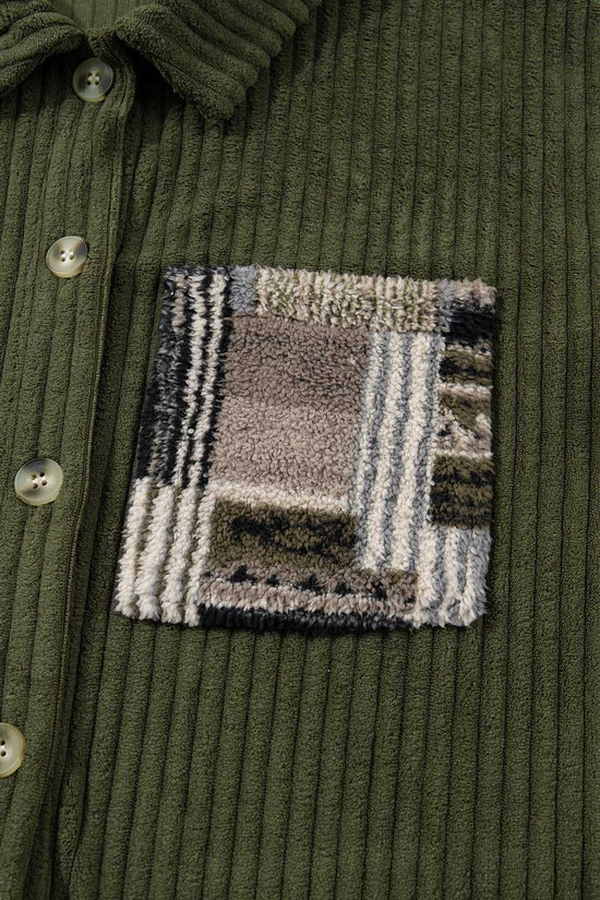 Close-up of patchwork chest pocket on Women's Green Plaid Corduroy Fleece Jacket, highlighting textured fabric and color contrast.