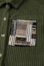 Close-up of patchwork chest pocket on Women's Green Plaid Corduroy Fleece Jacket, highlighting textured fabric and color contrast.