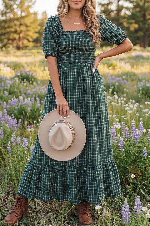 Plaid square neck shirred high waist ruffle hem dress front view — Fashionfitz UK
