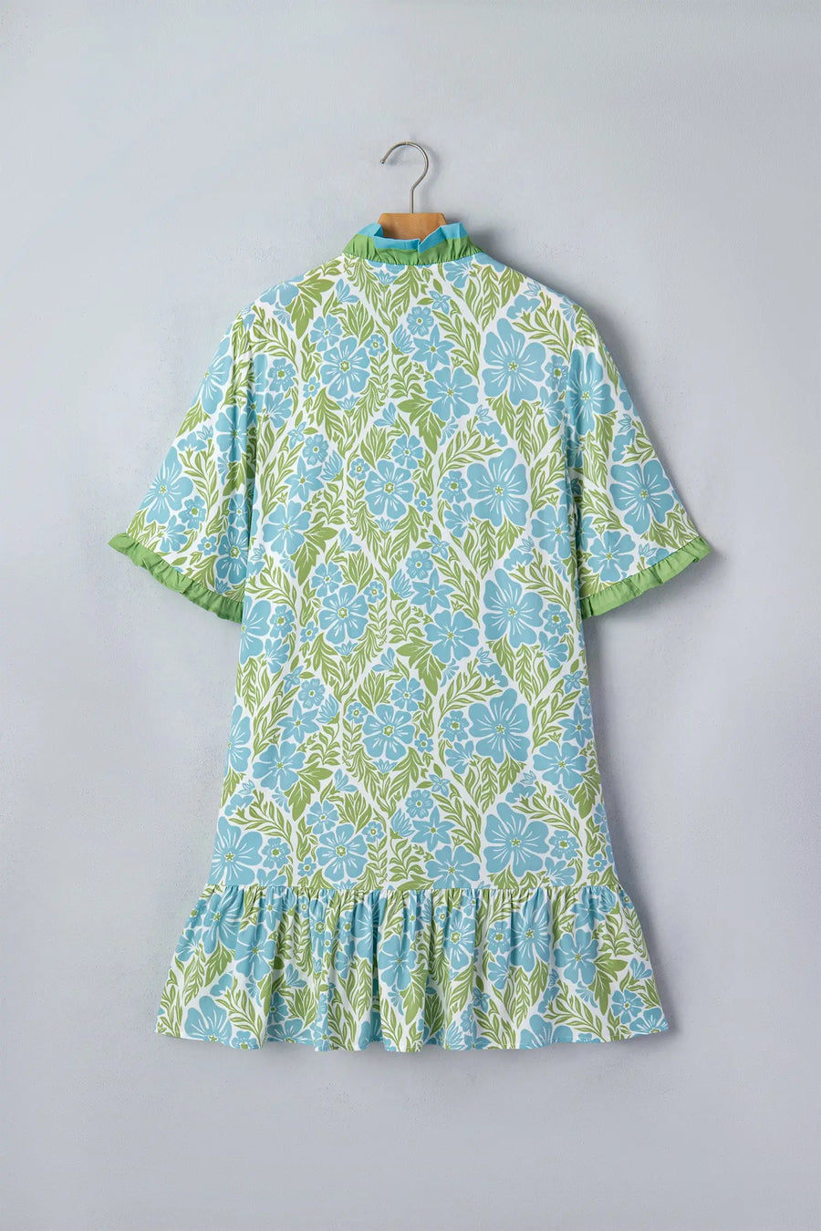 Sky Blue Botanical Floral Frilled Trim Button Front Dress Women UK