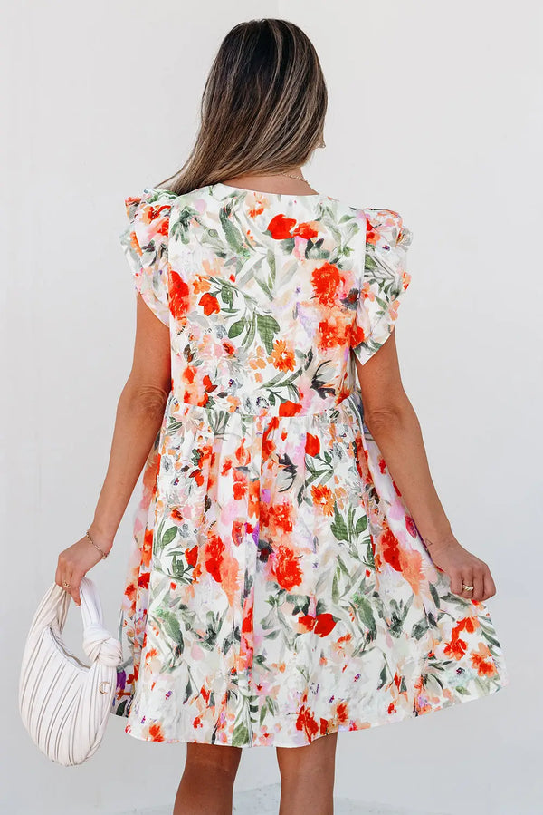 Pink Floral Double Ruffle Sleeve V Neck High Waist Mini Dress Women UK — back view