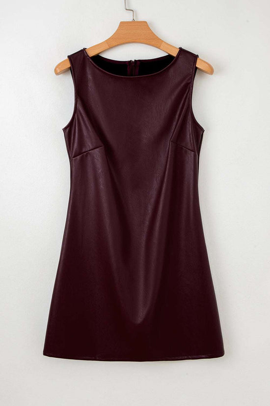 Front view of Brown Faux Leather Sleeveless Mini Dress on hanger, showcasing its smooth PU leather texture and tailored fit.