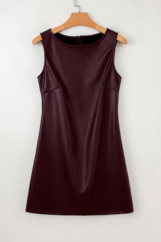 Front view of Brown Faux Leather Sleeveless Mini Dress on hanger, showcasing its smooth PU leather texture and tailored fit.