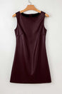 Front view of Brown Faux Leather Sleeveless Mini Dress on hanger, showcasing its smooth PU leather texture and tailored fit.