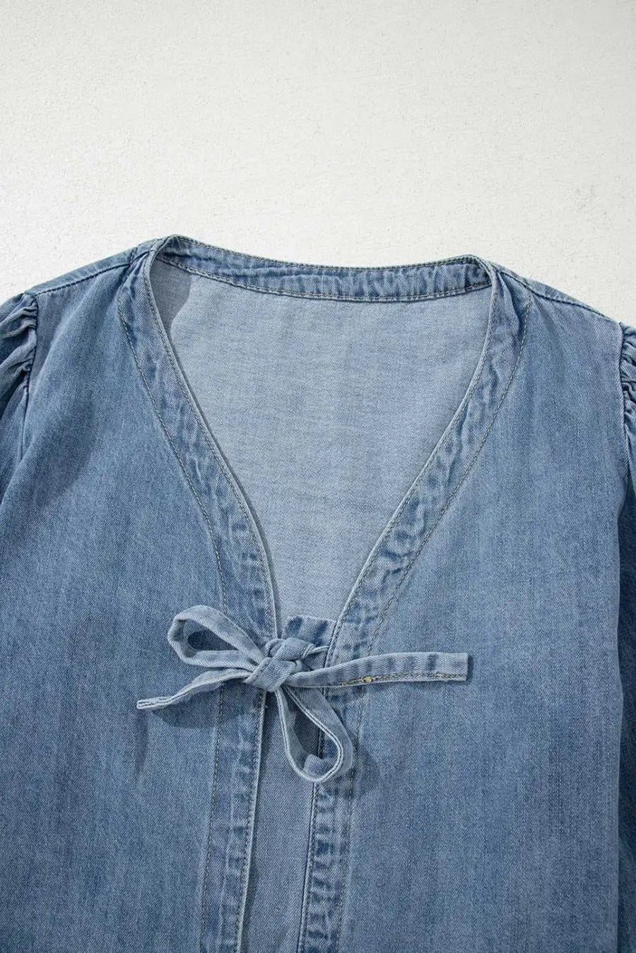 Blue ties puff denim top blouses
