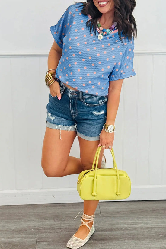Raised rib polka dot print cuffed short sleeve top t-shirts