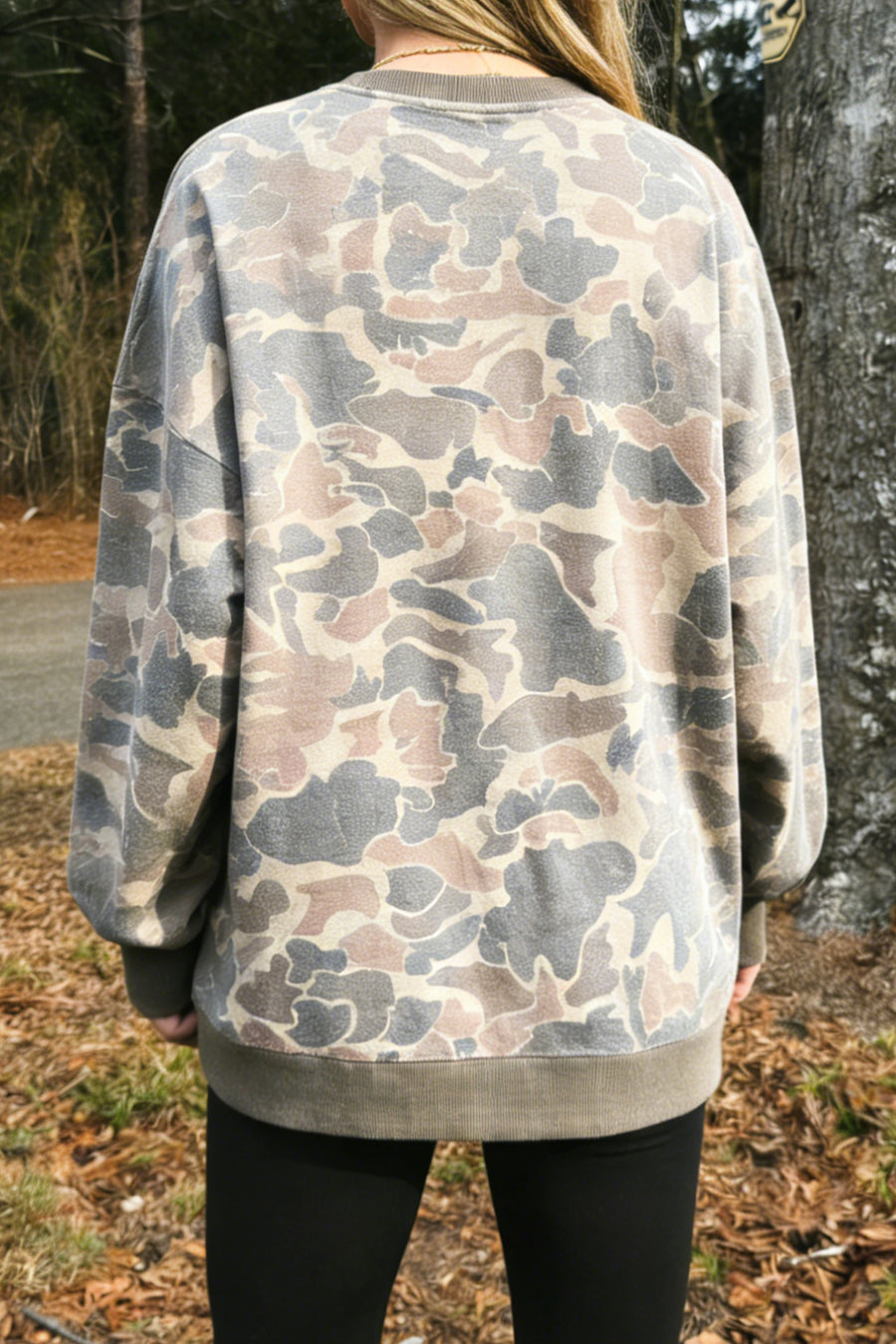 Camo Print Ribbed Trim Pullover Sweatshirt Women UK