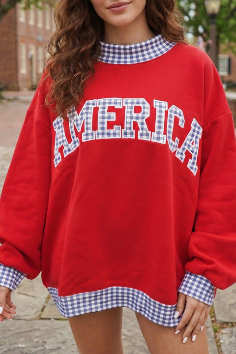 Fiery red plaid trim high neck USA letter graphic baggy sweatshirt front view — Fashionfitz UK
