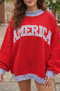 Fiery red plaid trim high neck USA letter graphic baggy sweatshirt front view — Fashionfitz UK
