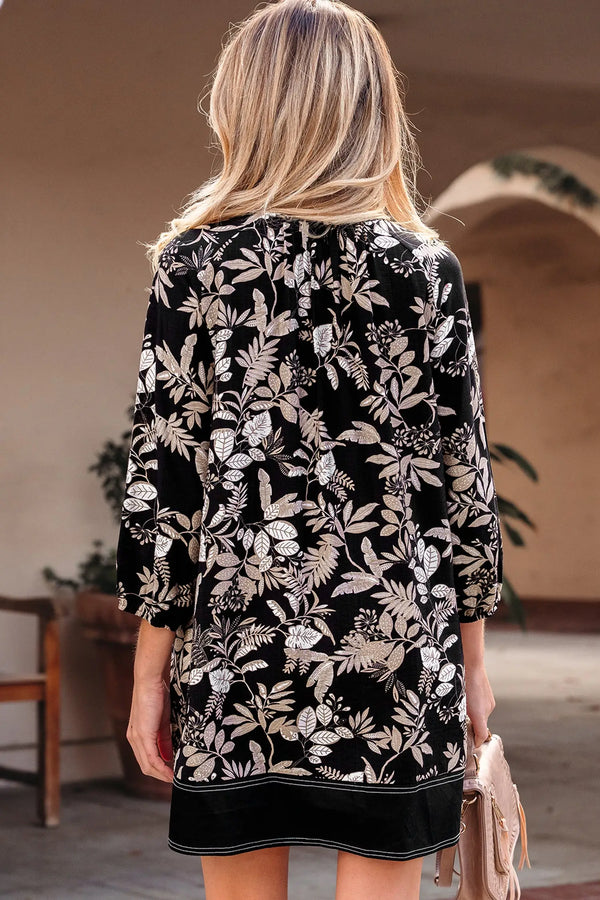 Black Botanical Print 3/4 Sleeve Split Neck Loose Mini Dress Women UK — back view