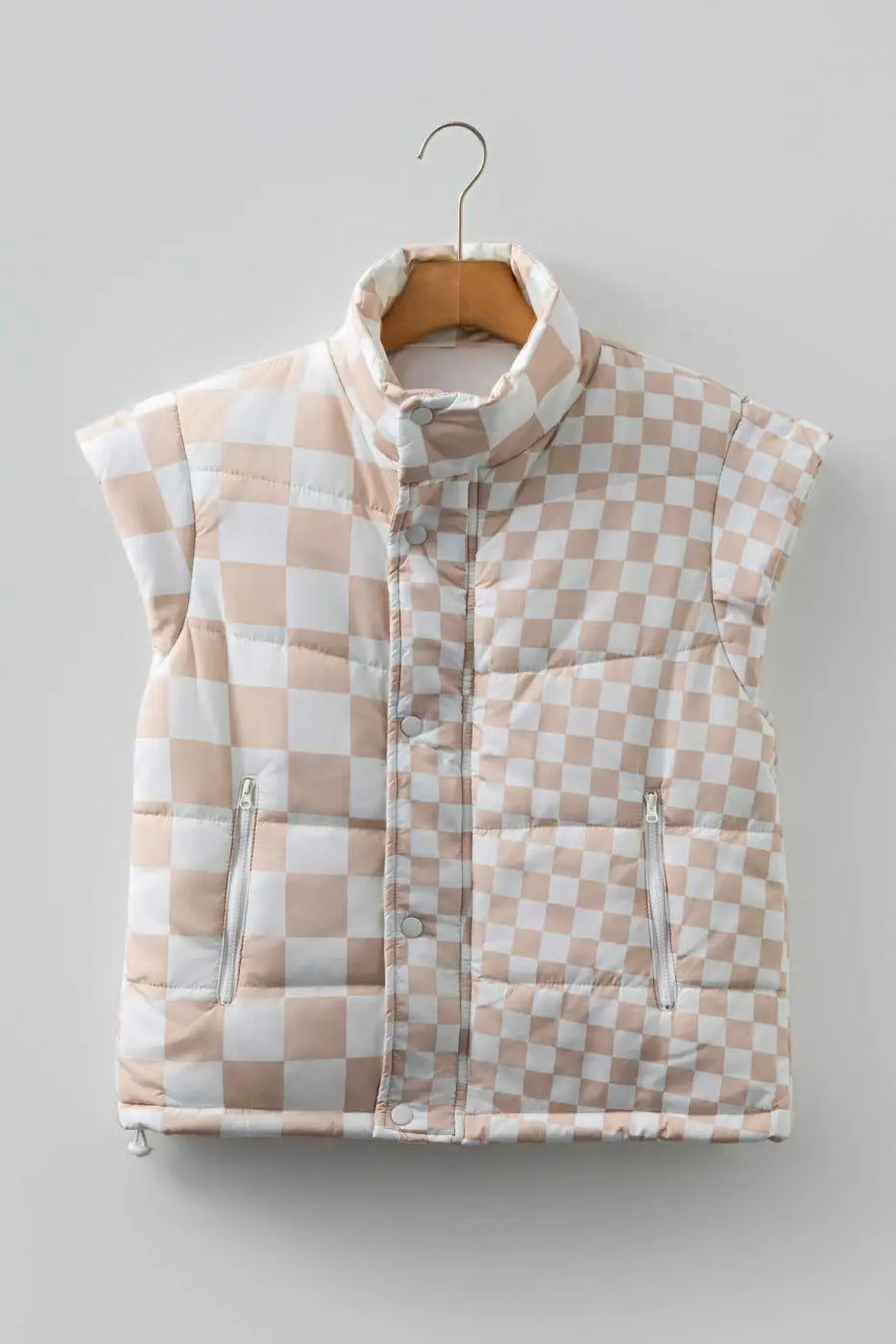 Khaki plaid quilted gilet on hanger with front view, highlighting zippered pockets and button & zip closure for stylish winter wear.