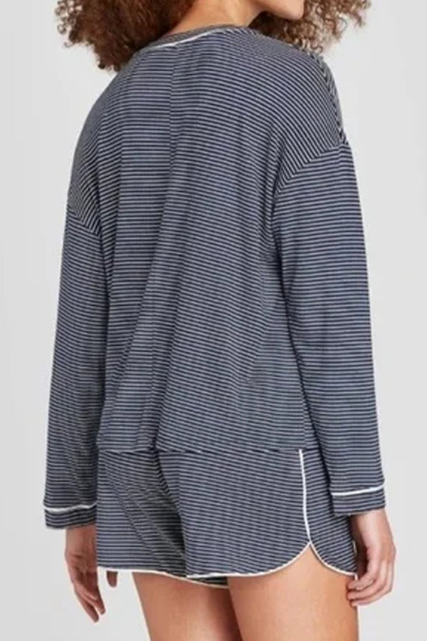 Stripe Drop Shoulder Long Sleeve Tee & Shorts Lounge Set Women UK