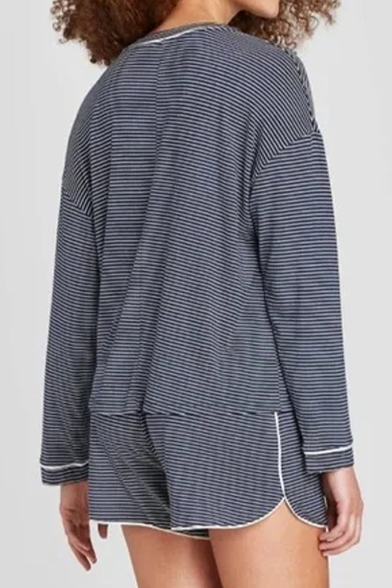 Stripe Drop Shoulder Long Sleeve Tee & Shorts Lounge Set Women UK