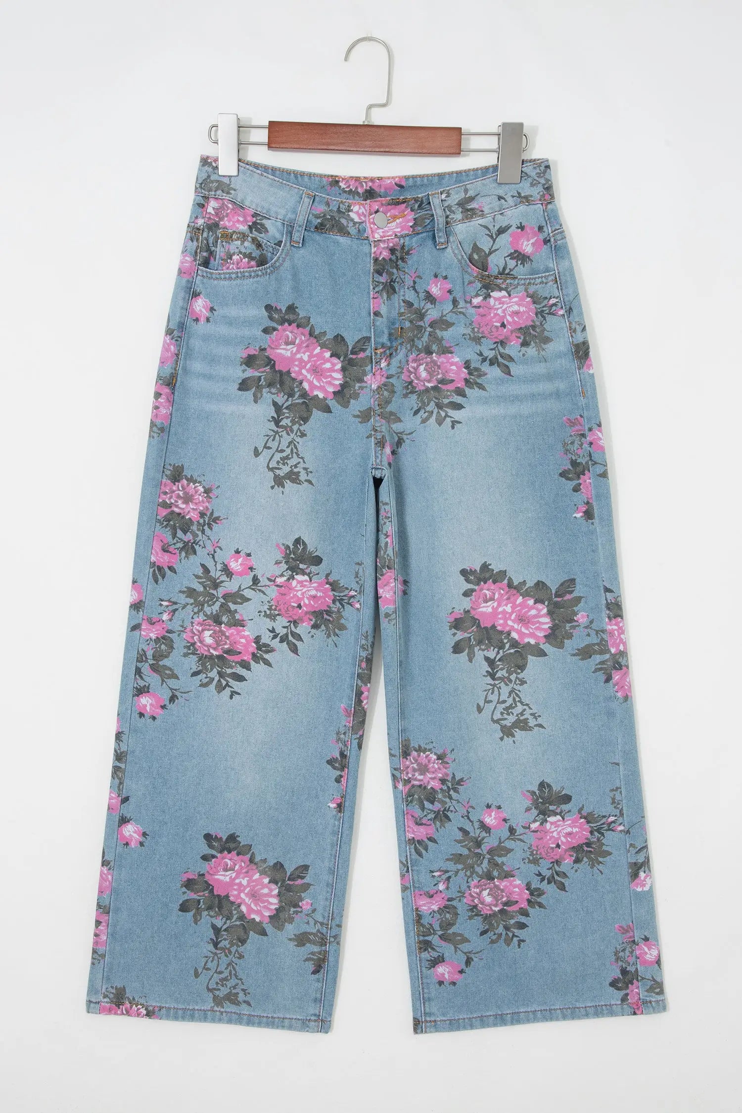 Women's floral bootcut jeans flat lay low rise casual