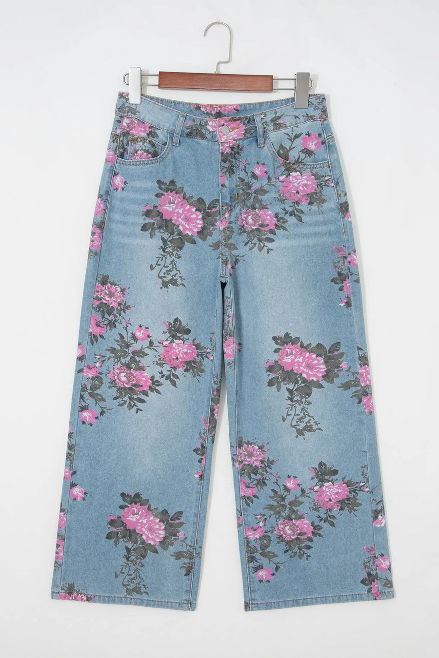 Garden Floral Print Low Rise Bootcut Denim Jeans — full length view on model | Fashionfitz UK