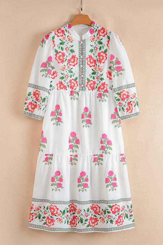 Front view of White Floral Mandarin Maxi Dress with vibrant floral patterns and buttoned neckline, ideal for spring daily wear.