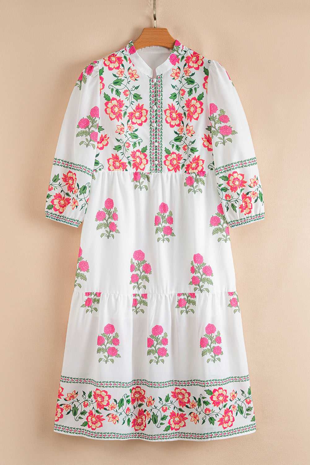 Front view of White Floral Mandarin Maxi Dress with vibrant floral patterns and buttoned neckline, ideal for spring daily wear.