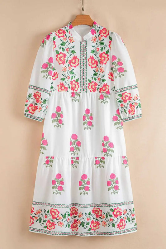 Front view of White Floral Mandarin Maxi Dress with vibrant floral patterns and buttoned neckline, ideal for spring daily wear.