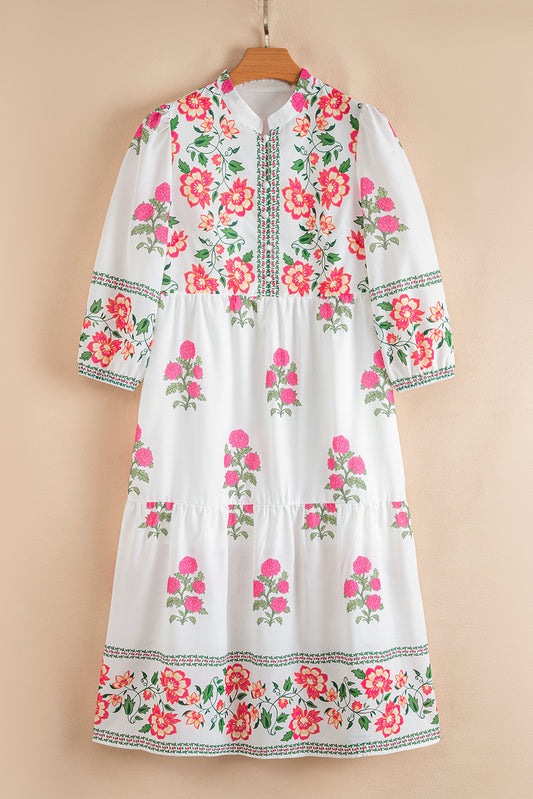 White Floral Mandarin Maxi Dress