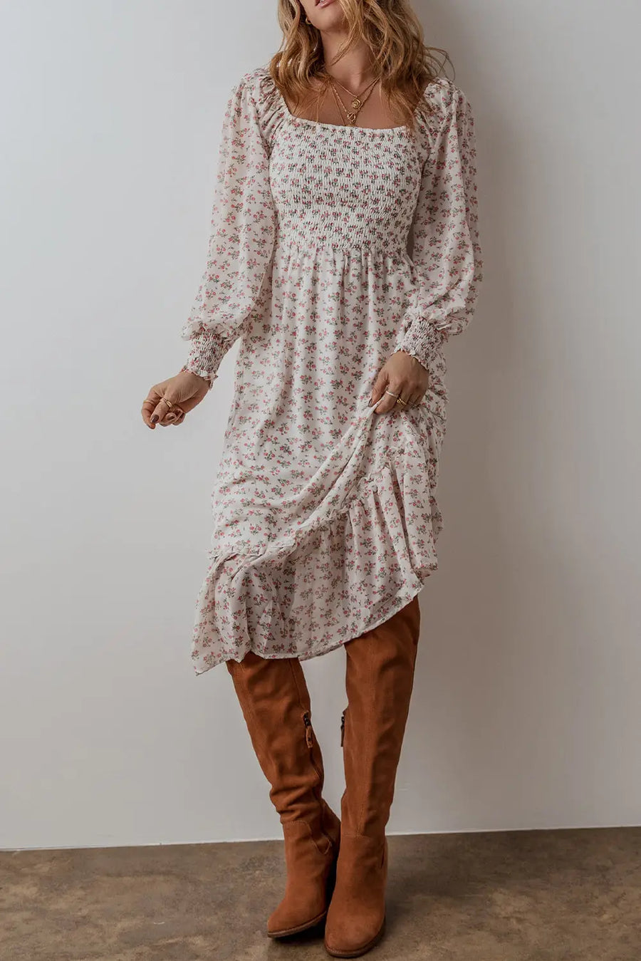 White Floral Shirred Square Neck Ruffled Hem Midi Dress Women UK