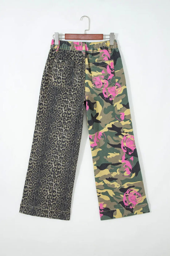 Multicolour abstract leopard patchwork straight jeans