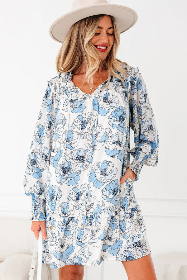 Sky Blue Floral Tie Neck Long Sleeve Flowy Mini Dress Women UK — front view
