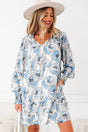 Sky Blue Floral Tie Neck Long Sleeve Flowy Mini Dress Women UK — front view