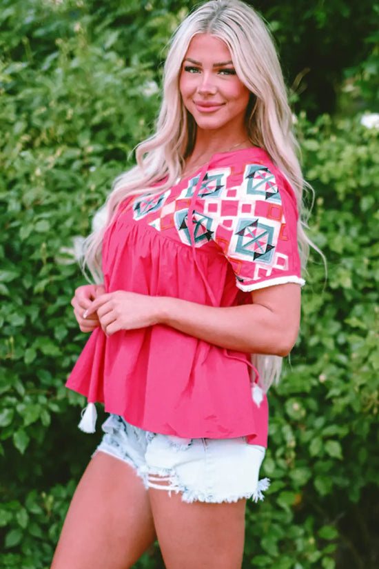 Pink embroidered cotton blouse - tassel tie | fashionfitz
